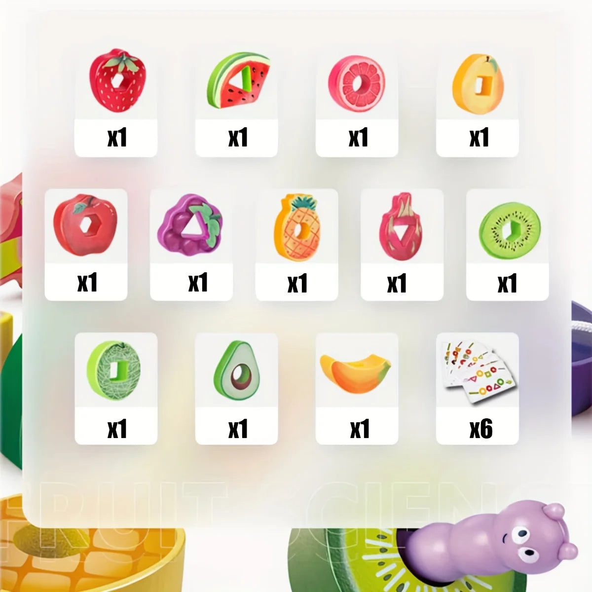 Fruits à enfiler avec une chenille en bois.