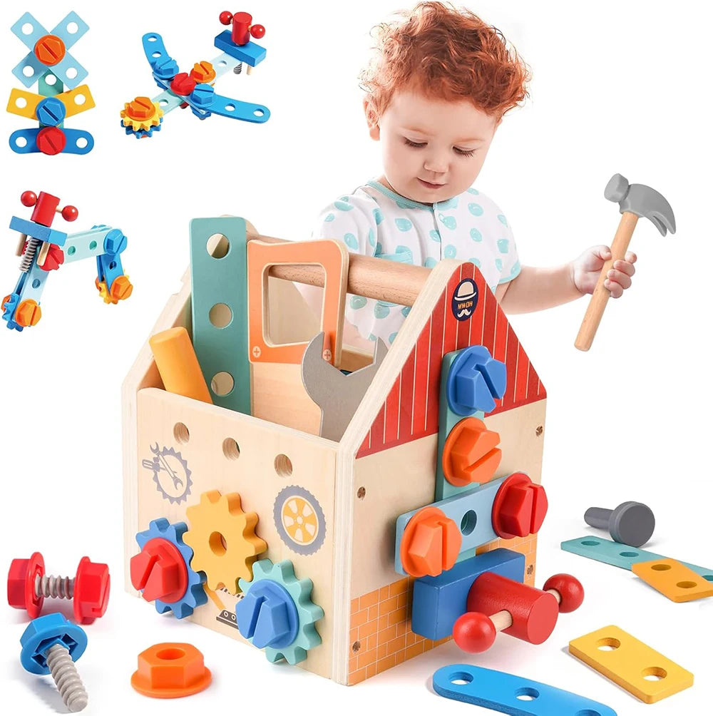 Coffre à outils en bois pour enfants, jouet de construction éducatif Montessori.