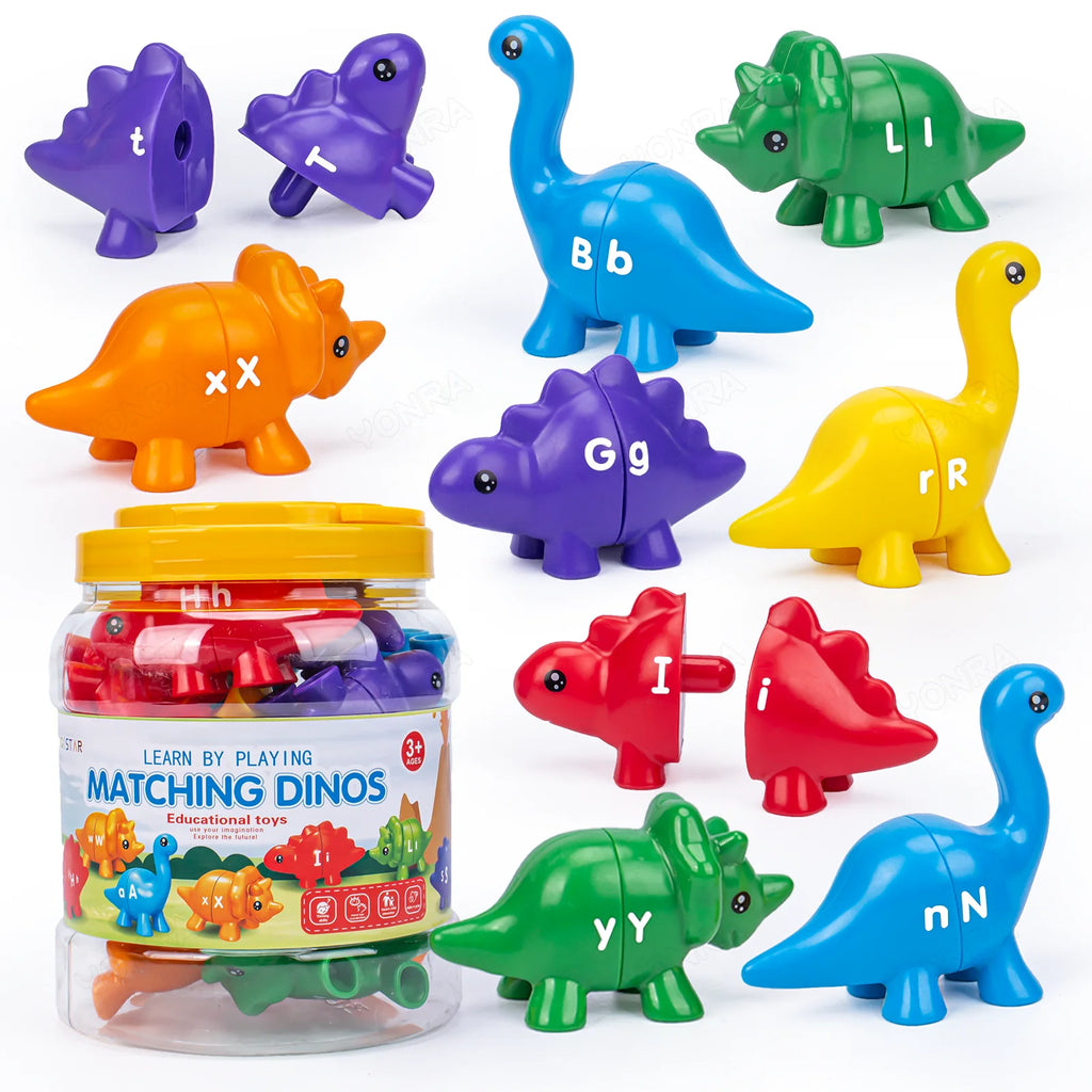 Dinosaures pour associer les lettres minuscules aux lettres majuscules avec seau de rangement.