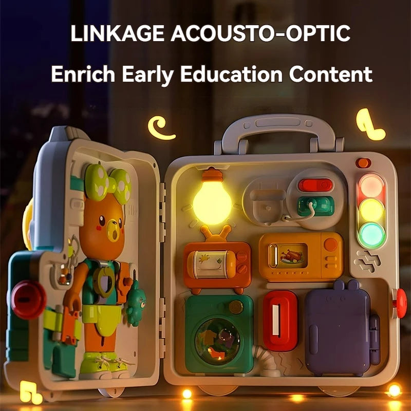 Tableau d'activités sensorielles pour bébé, jouet Montessori avec musique, lumières et interrupteurs.