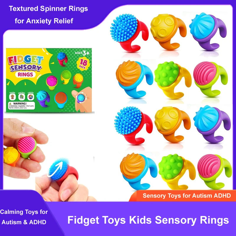 Bagues anti-stress pour enfants, anneaux sensoriels à textures avec spinner pour soulagement de l'anxiété (18 pièces).