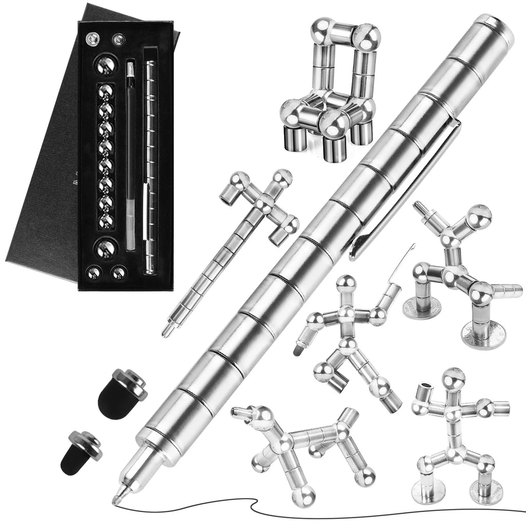 Stylo anti-stress magnétique en métal avec billes magnétiques, stylo multifonctionnel déformable pour écriture et décompression.