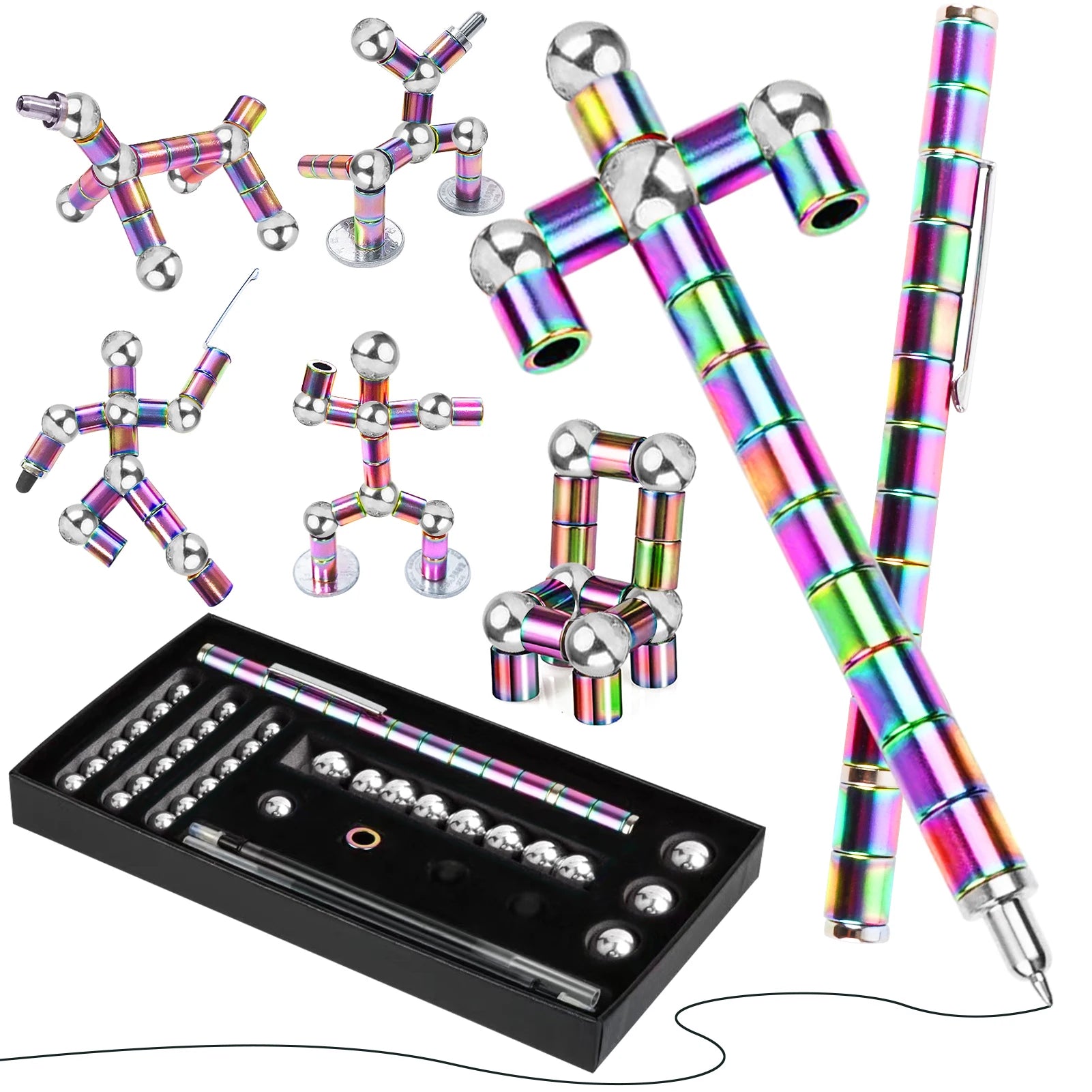 Stylo anti-stress magnétique en métal avec billes magnétiques, stylo multifonctionnel déformable pour écriture et décompression.