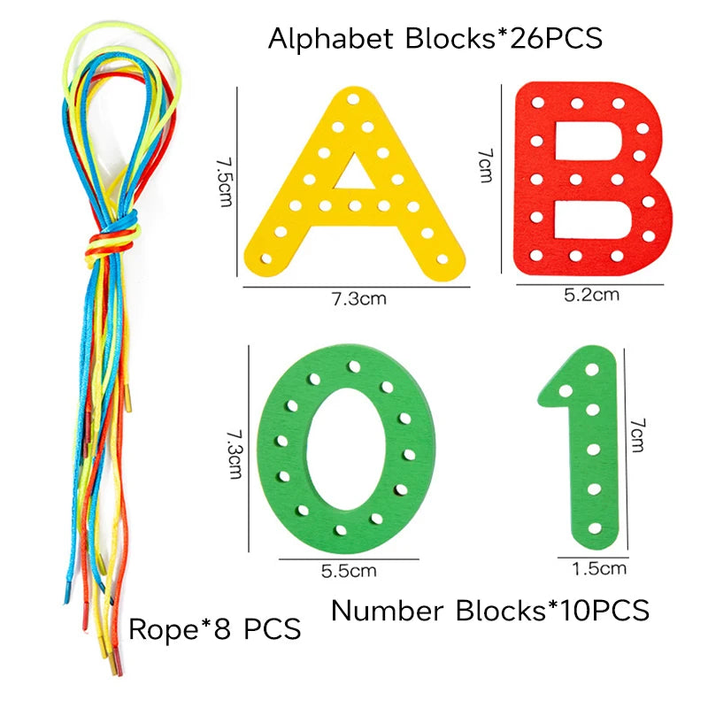 Jeu de cordes avec lettres et chiffres en bois Montessori. Jouet créatif de filage de corde.