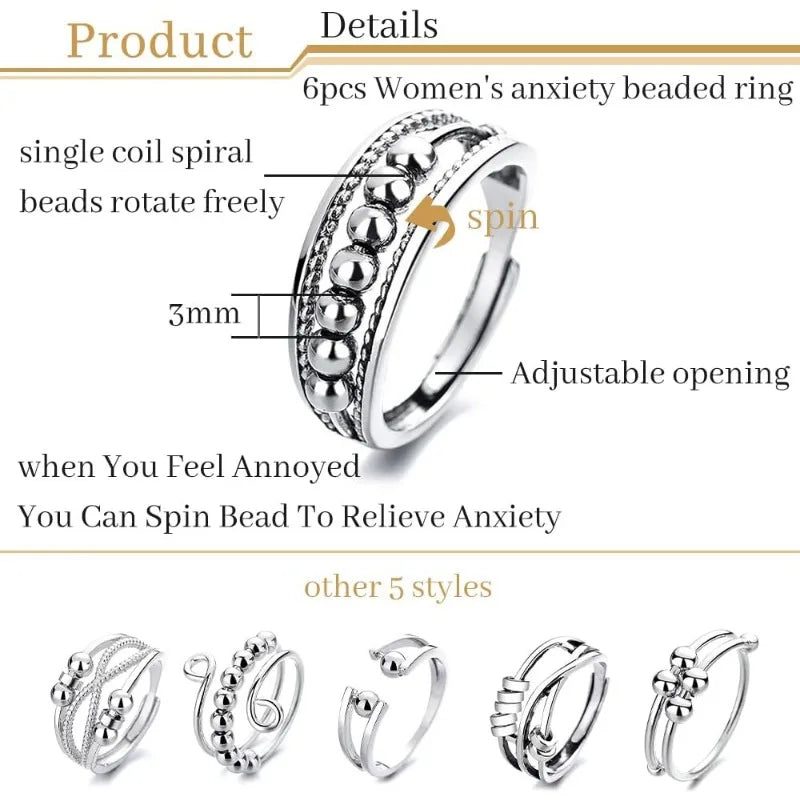 Bagues anti-stress en acier inoxydable pour femme (6 pièces).