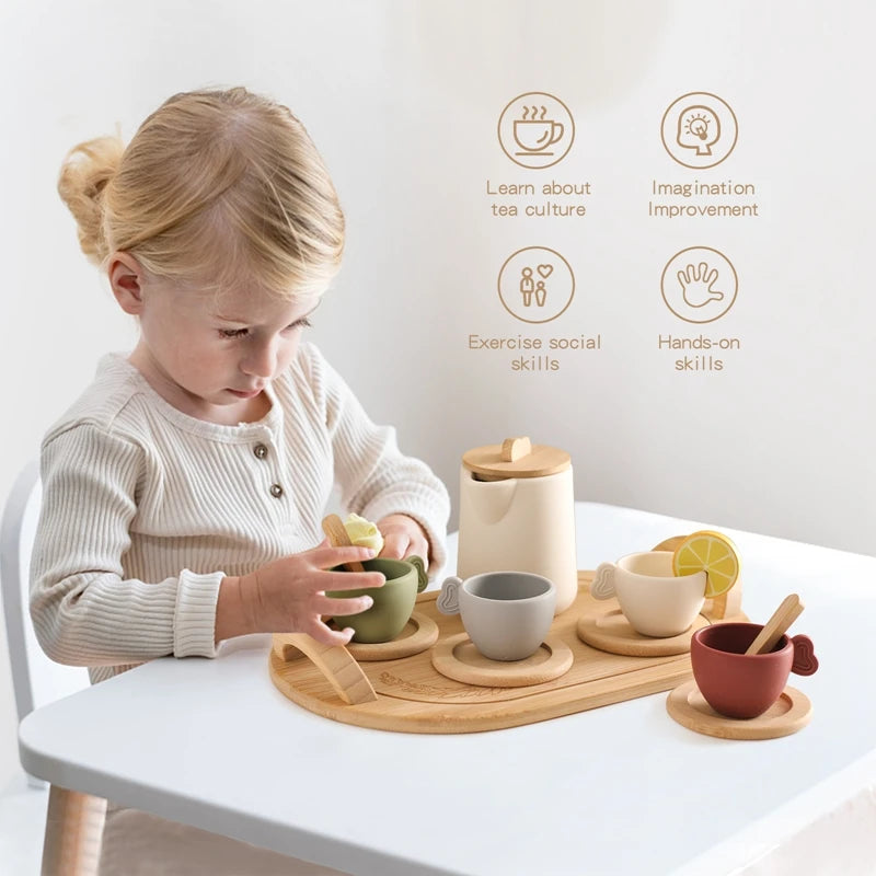 Ensemble théière et tasses Montessori pour enfants, ustensiles de cuisine en silicone sans BPA, jouet de simulation.