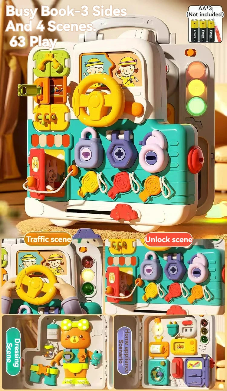 Tableau d'activités sensorielles pour bébé, jouet Montessori avec musique, lumières et interrupteurs.