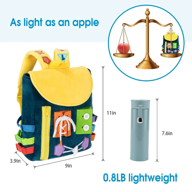 Sac à dos Montessori en feutre pour tout-petits avec boucles, fermetures éclair et activité d'apprentissage.