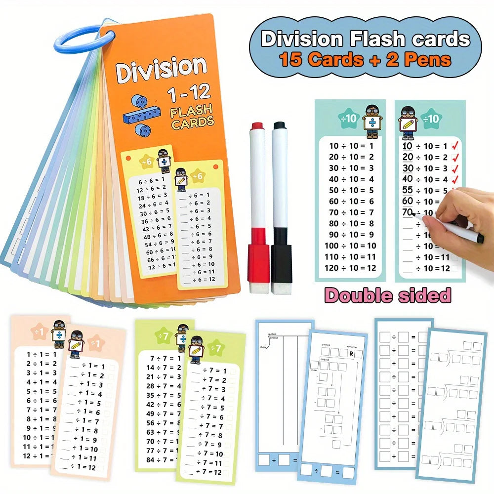 Cartes pour la multiplication et la division de 0 à 12 avec marqueurs effaçables à sec (30 cartes).