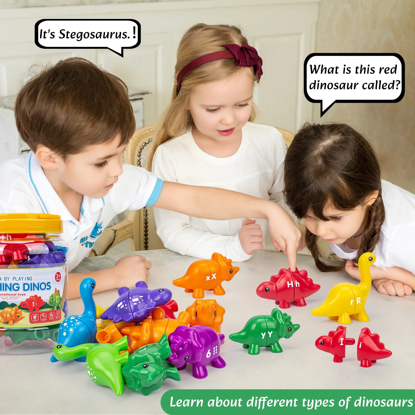 Dinosaures pour associer les lettres minuscules aux lettres majuscules avec seau de rangement.