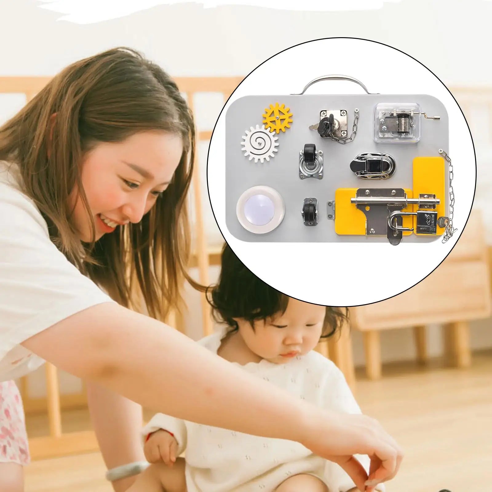 Tableau sensoriel (serrures, lampes, roues et engrenages).