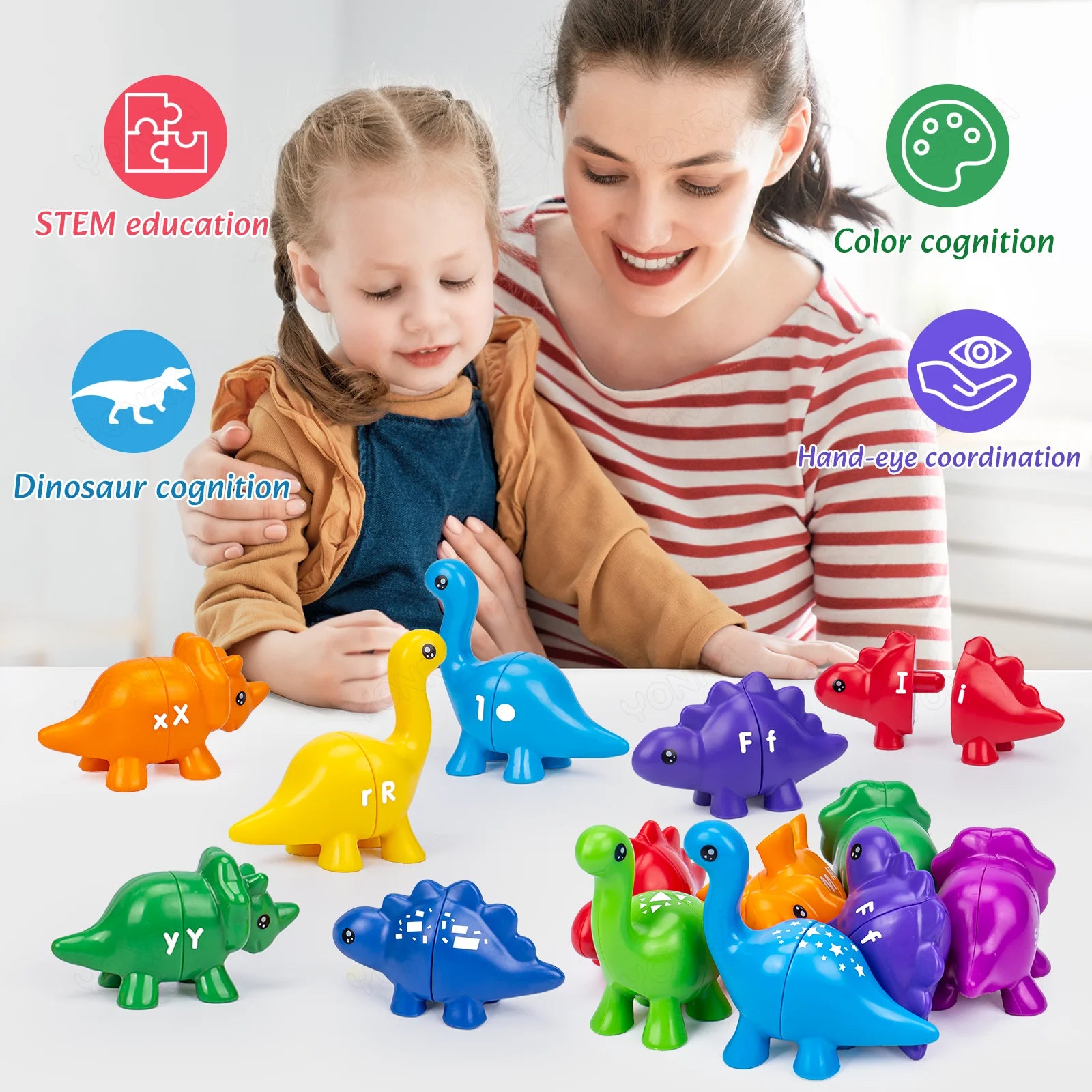 Dinosaures pour associer les lettres minuscules aux lettres majuscules avec seau de rangement.