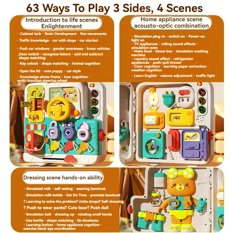 Tableau d'activités sensorielles pour bébé, jouet Montessori avec musique, lumières et interrupteurs.