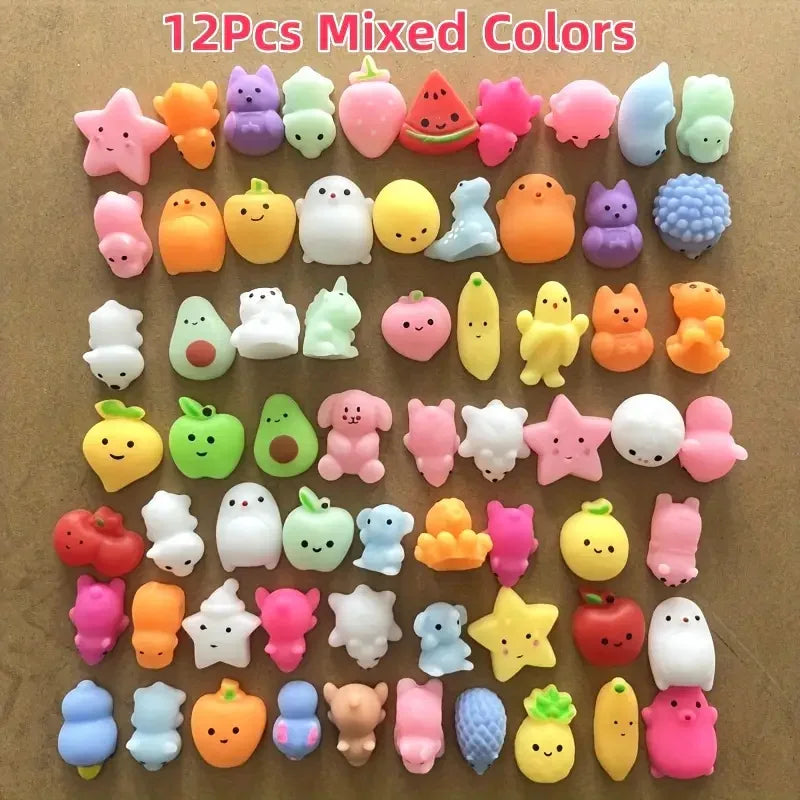 Jouets mignons à presser en forme d'animaux et de fruits, jouets anti-stress (24 pièces).