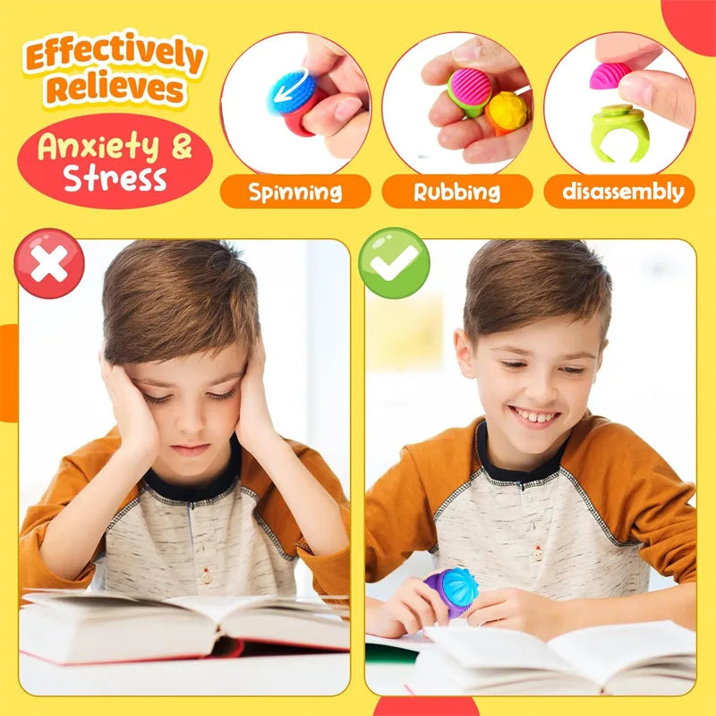 Bagues anti-stress pour enfants, anneaux sensoriels à textures avec spinner pour soulagement de l'anxiété (18 pièces).