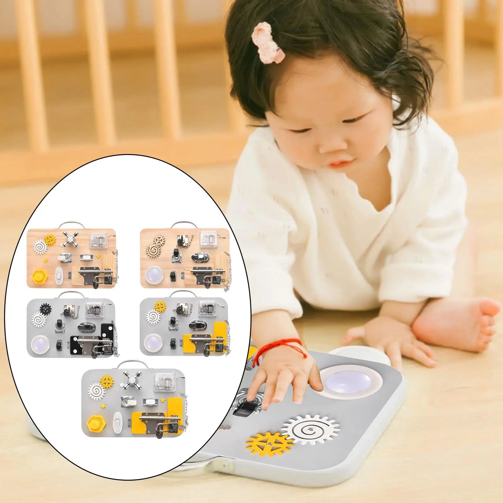 Tableau sensoriel (serrures, lampes, roues et engrenages).