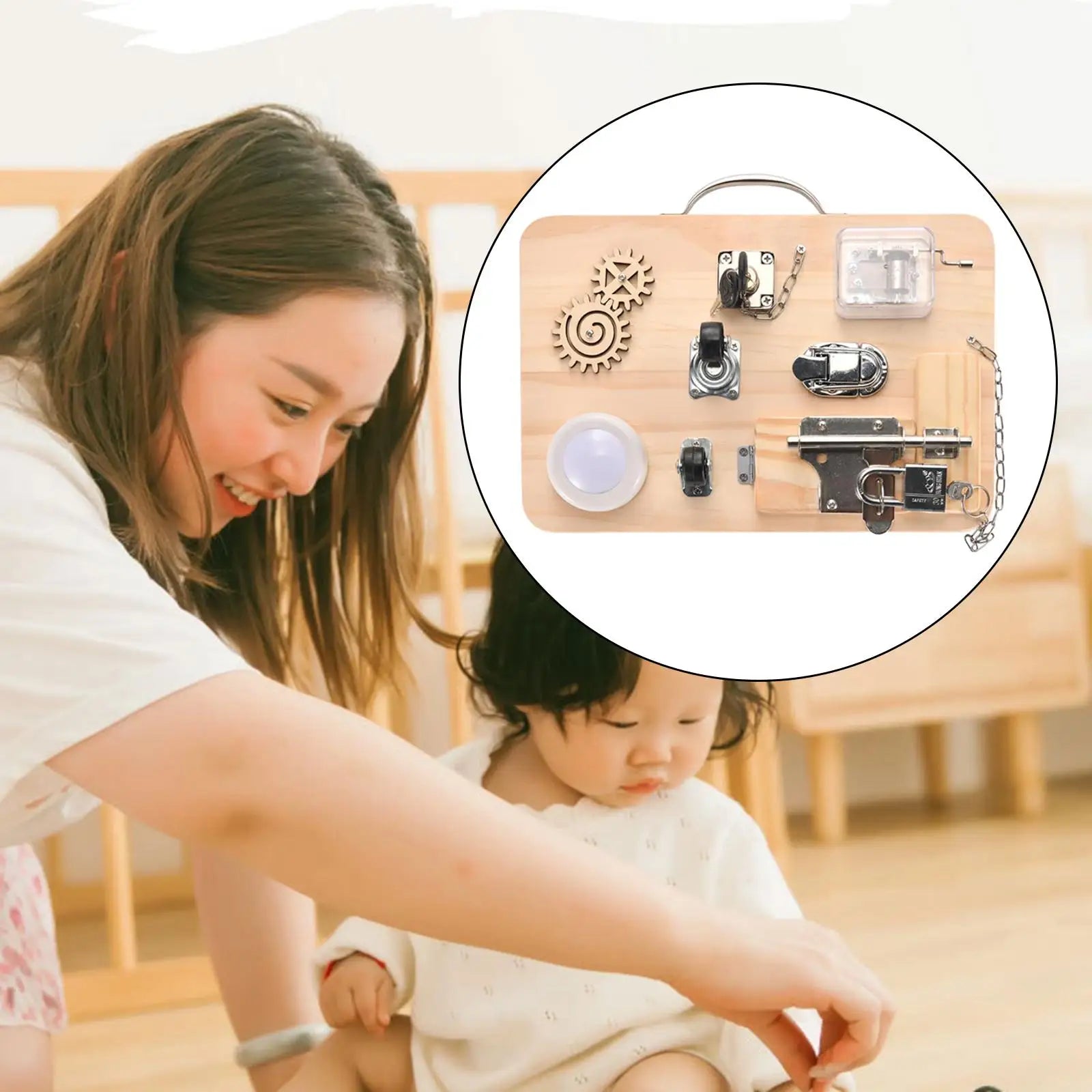 Tableau sensoriel (serrures, lampes, roues et engrenages).