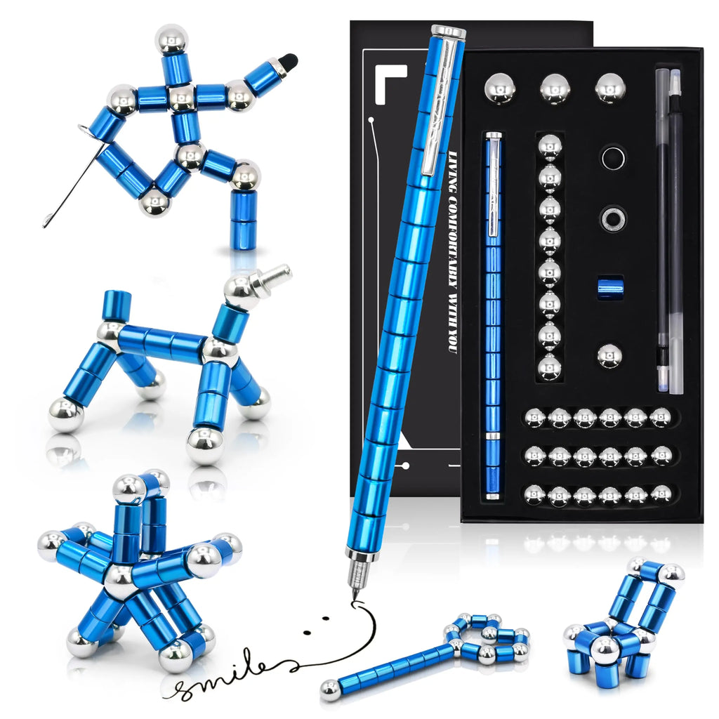 Stylo anti-stress magnétique en métal avec billes magnétiques, stylo multifonctionnel déformable pour écriture et décompression.