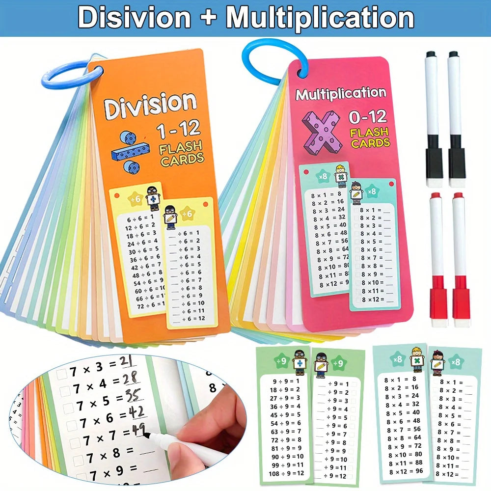 Cartes pour la multiplication et la division de 0 à 12 avec marqueurs effaçables à sec (30 cartes).