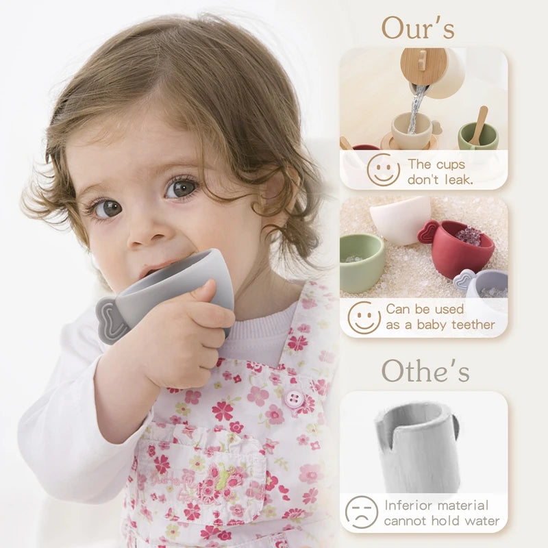 Ensemble théière et tasses Montessori pour enfants, ustensiles de cuisine en silicone sans BPA, jouet de simulation.