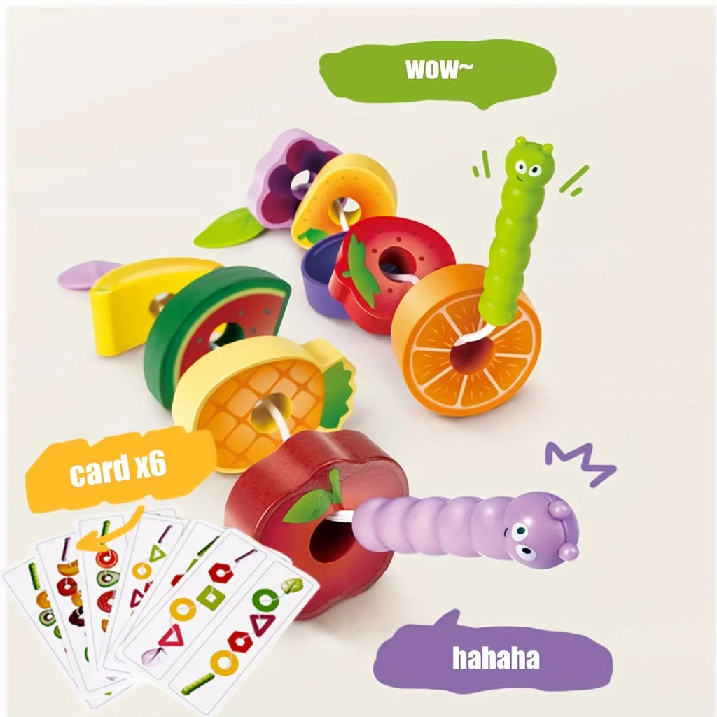 Fruits à enfiler avec une chenille en bois.