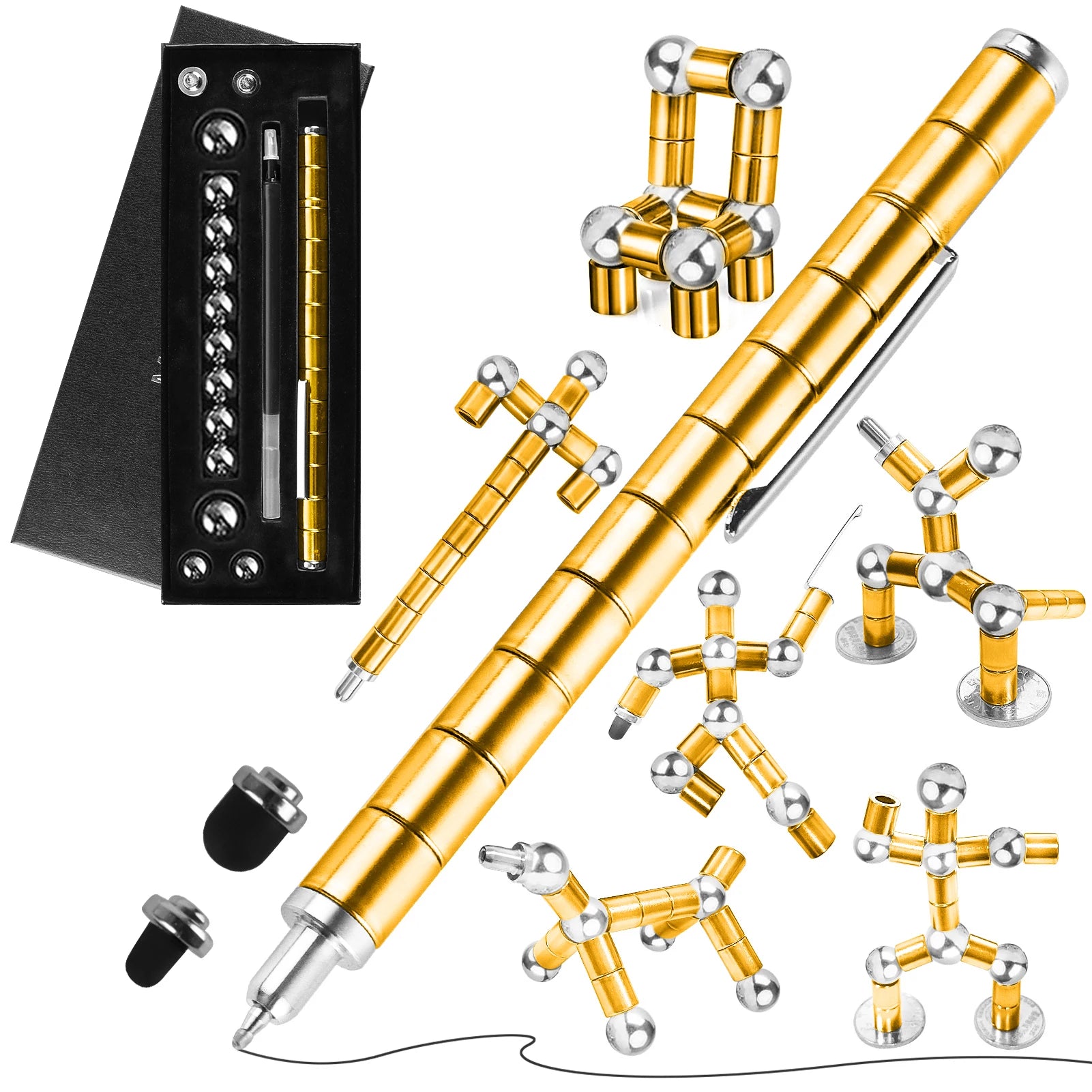 Stylo anti-stress magnétique en métal avec billes magnétiques, stylo multifonctionnel déformable pour écriture et décompression.