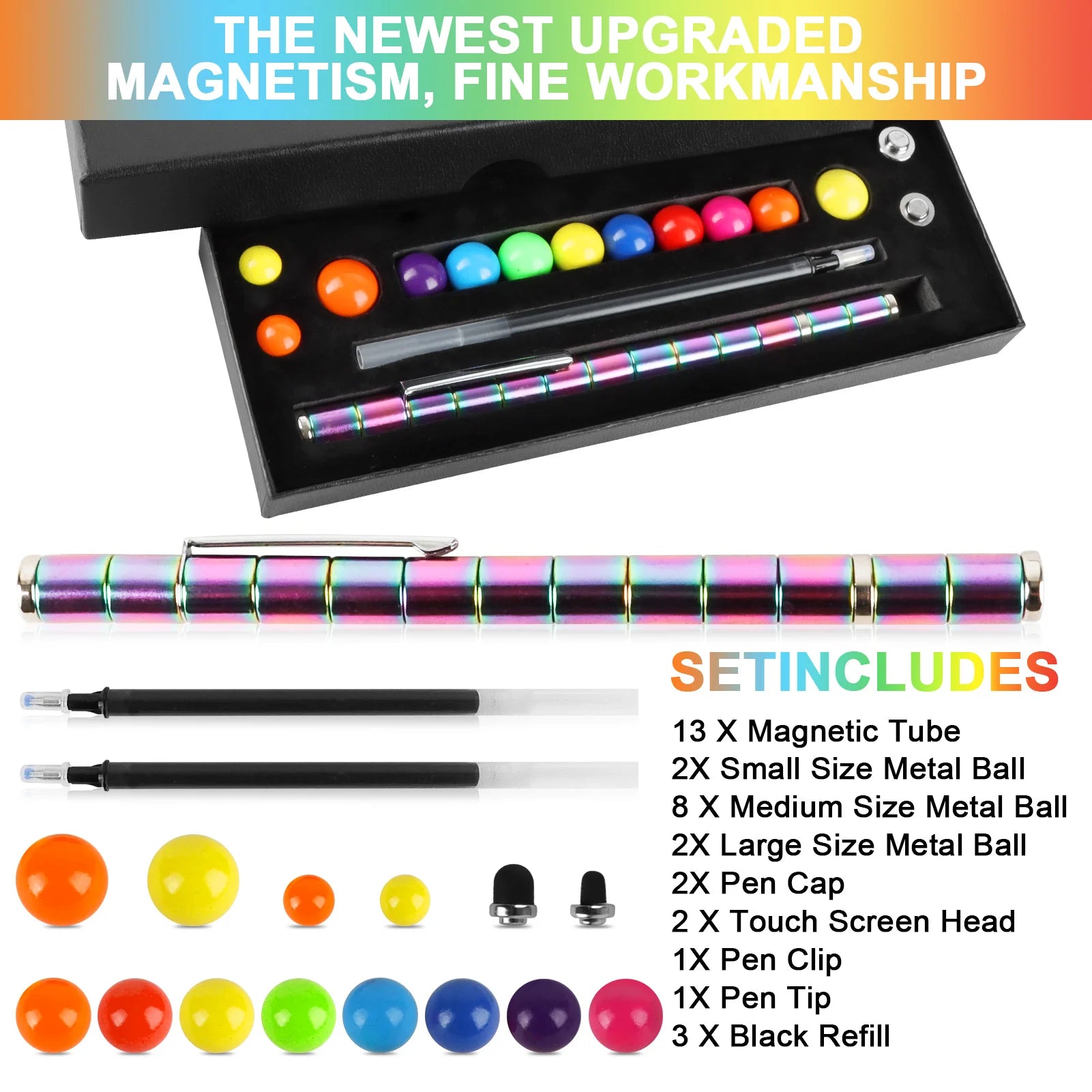 Stylo anti-stress magnétique en métal avec billes magnétiques, stylo multifonctionnel déformable pour écriture et décompression.