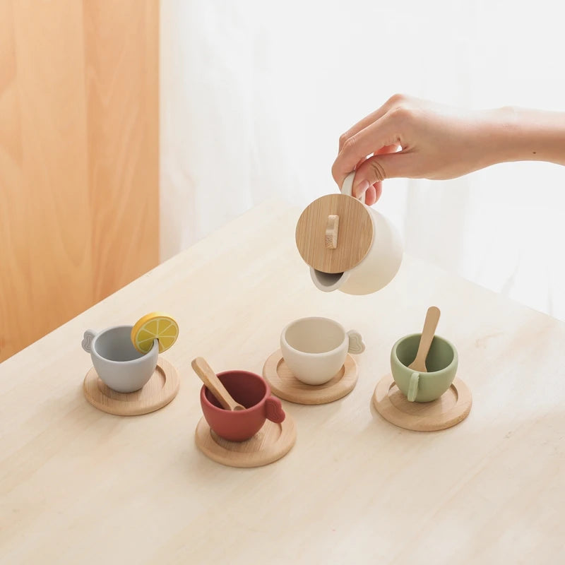 Ensemble théière et tasses Montessori pour enfants, ustensiles de cuisine en silicone sans BPA, jouet de simulation.