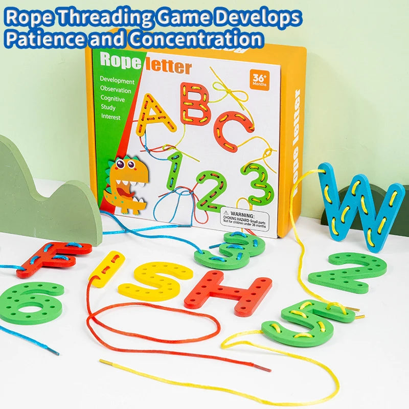 Jeu de cordes avec lettres et chiffres en bois Montessori. Jouet créatif de filage de corde.