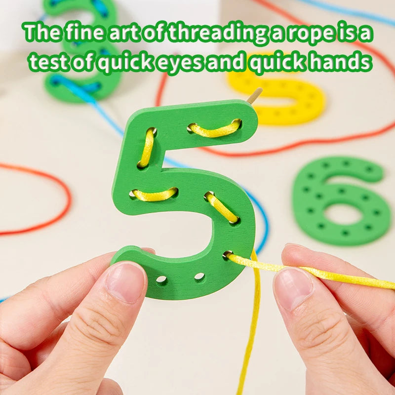 Jeu de cordes avec lettres et chiffres en bois Montessori. Jouet créatif de filage de corde.