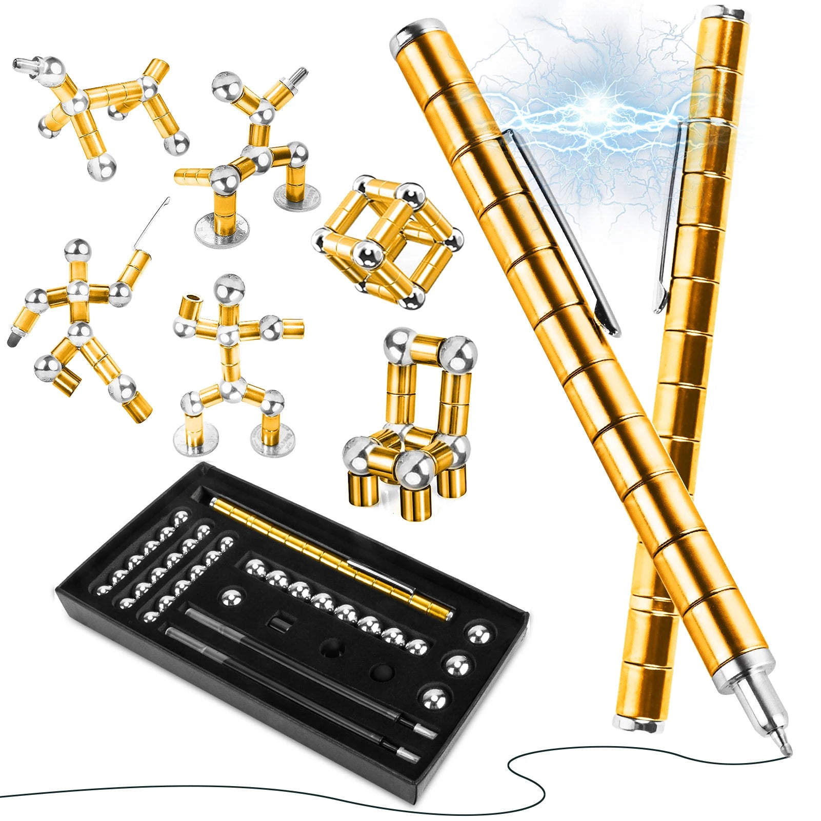 Stylo anti-stress magnétique en métal avec billes magnétiques, stylo multifonctionnel déformable pour écriture et décompression.
