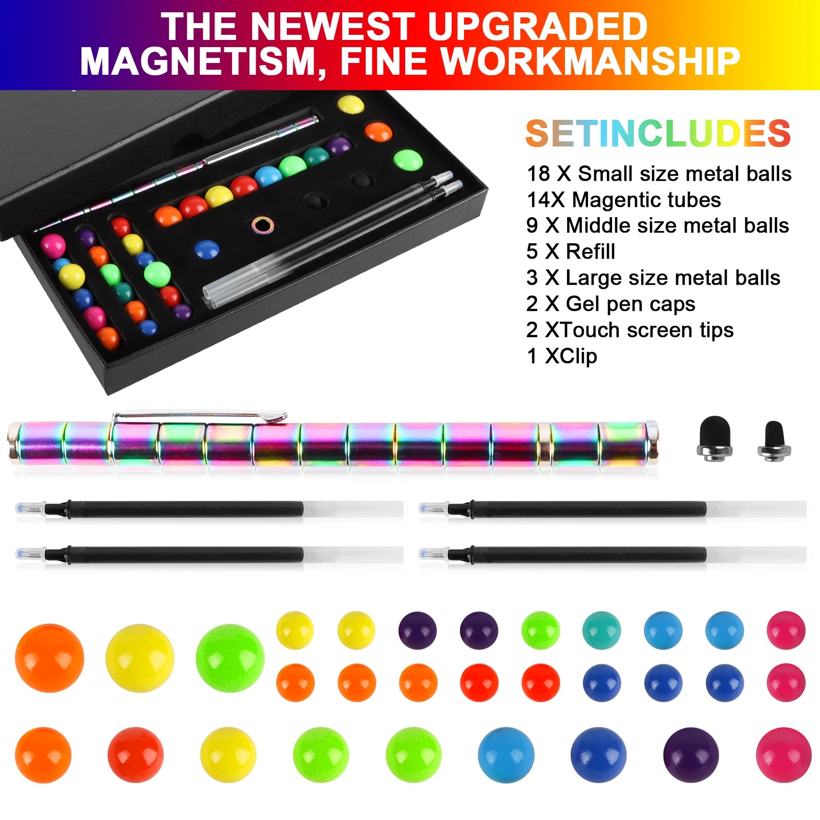 Stylo anti-stress magnétique en métal avec billes magnétiques, stylo multifonctionnel déformable pour écriture et décompression.