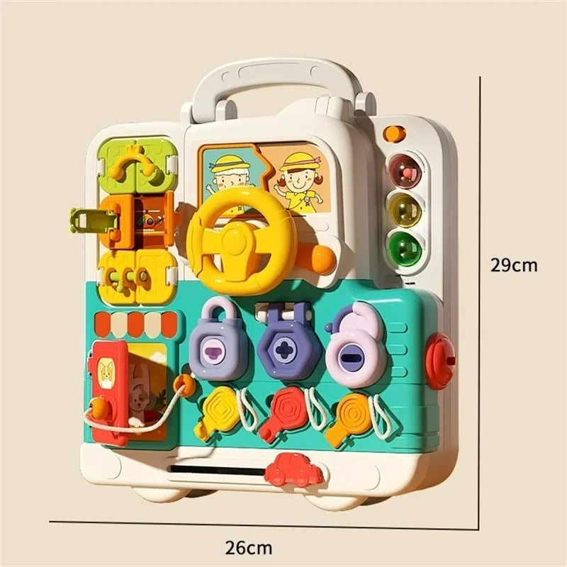 Tableau d'activités sensorielles pour bébé, jouet Montessori avec musique, lumières et interrupteurs.