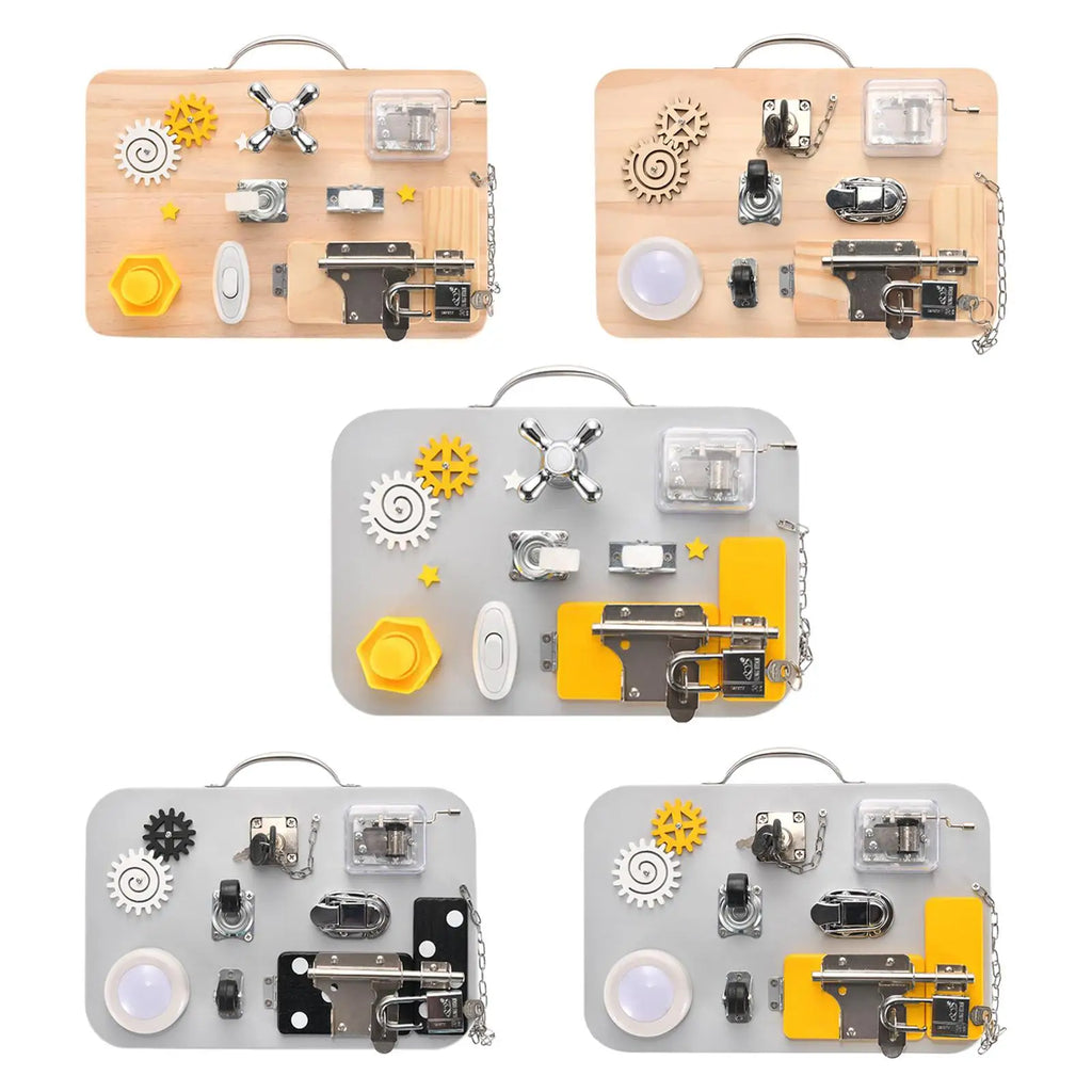 Tableau sensoriel (serrures, lampes, roues et engrenages).