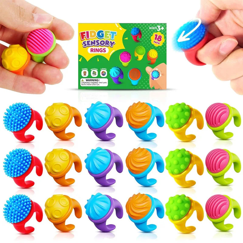 Bagues anti-stress pour enfants, anneaux sensoriels à textures avec spinner pour soulagement de l'anxiété (18 pièces).