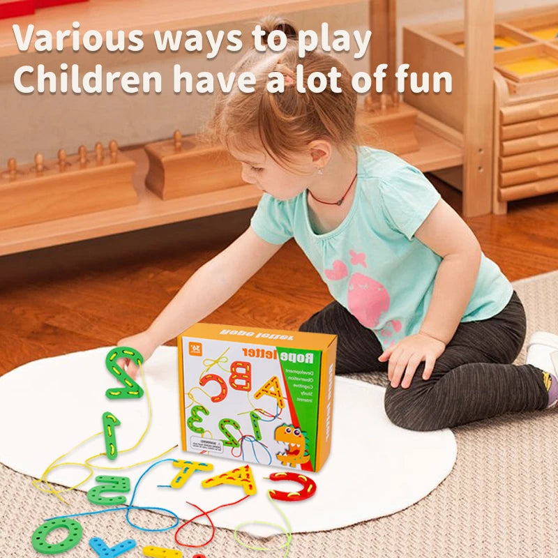 Jeu de cordes avec lettres et chiffres en bois Montessori. Jouet créatif de filage de corde.